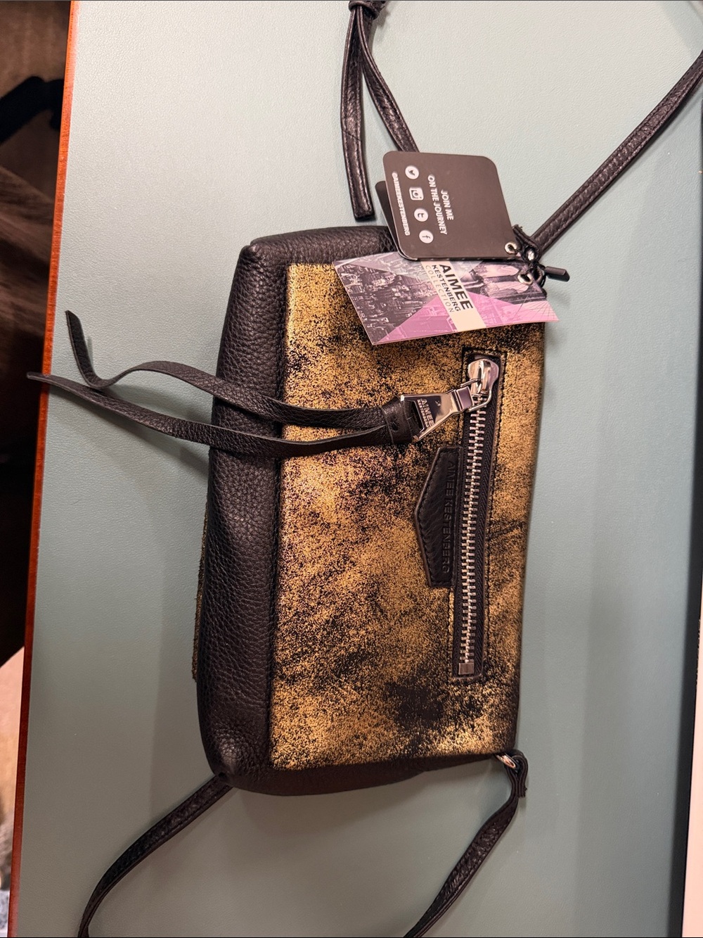 NWT Aimee Kestenberg Black & Metallic Gold Flake Leather Crossbody Bag